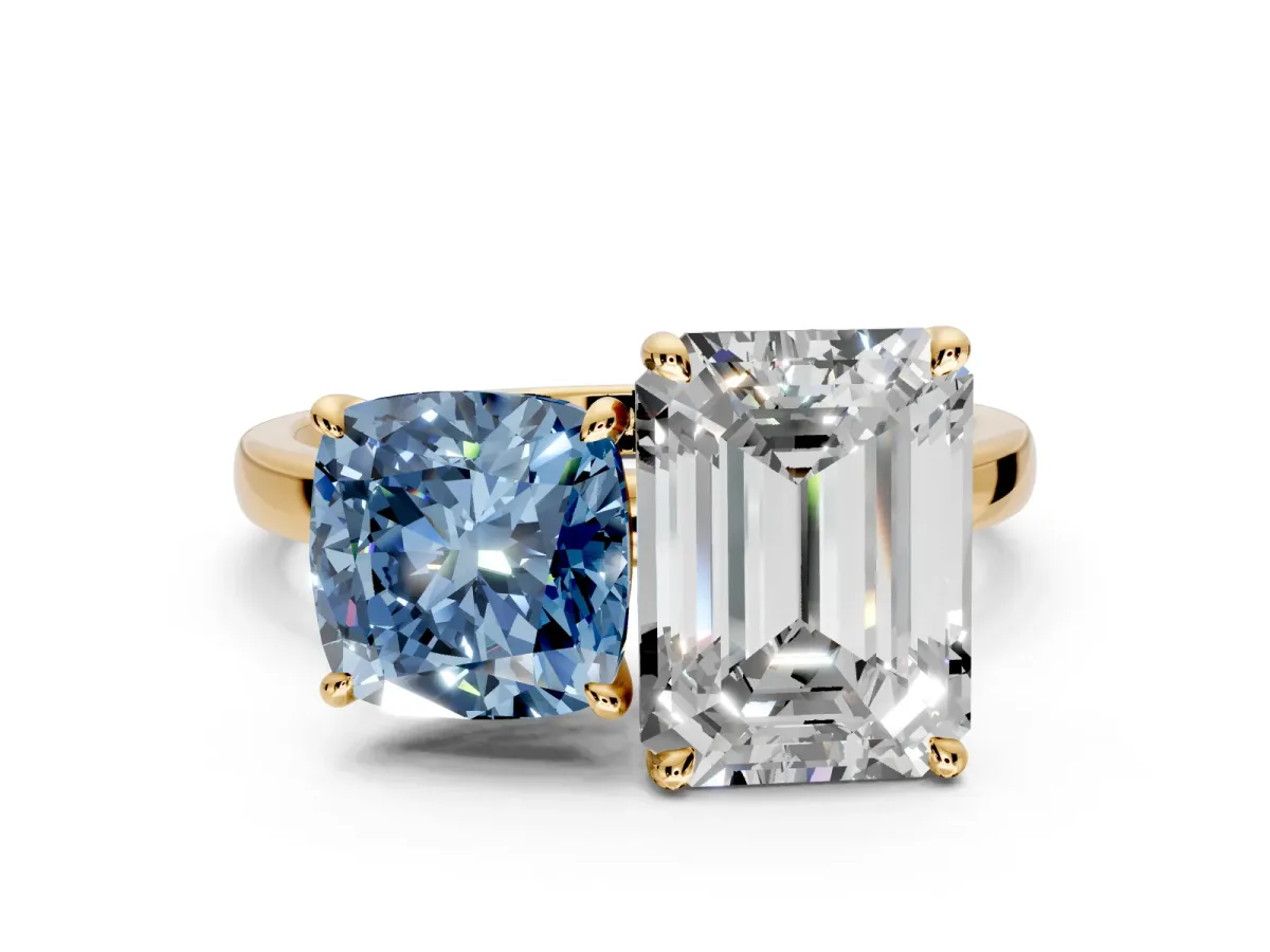 Fancy Blue Cushion Cut and Emerald Cut Lab-Grown Diamond Toi et Moi Engagement Ring with Prong-Set Stones in Yellow Gold