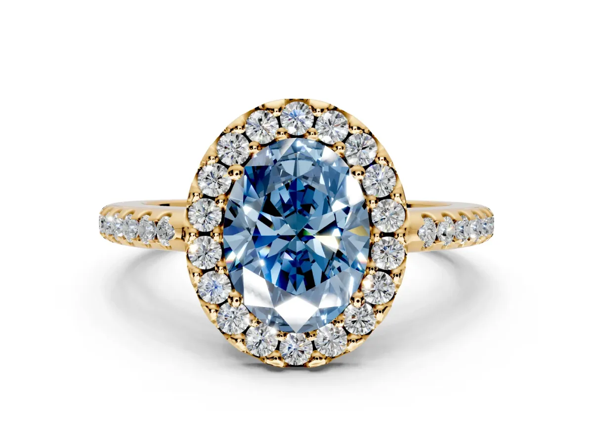 Pave Halo Engagement Ring Setting for Fancy Blue Oval Center with Single Row Pave Band and Prong Head in Yellow Gold