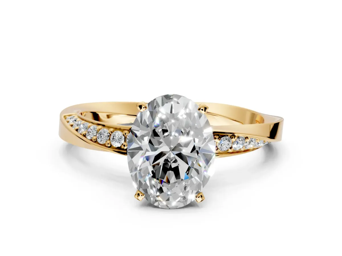 Side Accent Engagement Ring Setting for Oval Center with Accent Shoulders and Prong Head in Yellow Gold