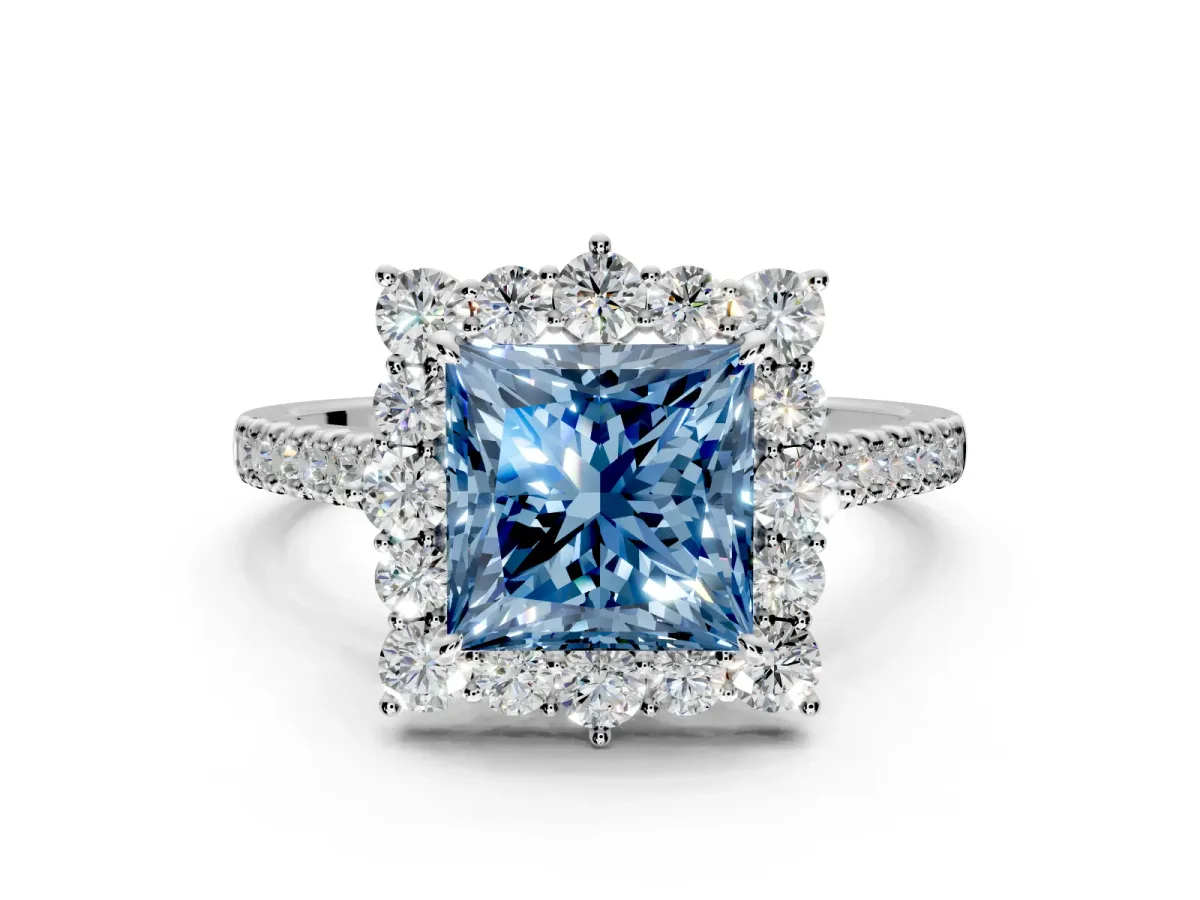 Halo Engagement Ring Setting for Fancy Blue Princess Cut Center with Single-Row Pave, Open Basket and Prong Head in Sterling Silver