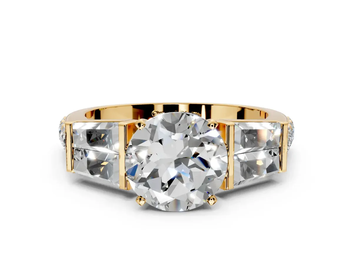 Channel-Set Engagement Ring Setting for Round Cut Center with Baguette Band and Prong Head in Yellow Gold