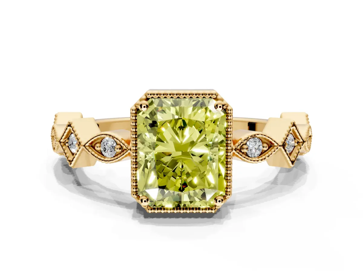 Milgrain Bezel Engagement Ring Setting for Fancy Yellow Radiant Cut Center with Marquise Stations and Bezel Head in Yellow Gold