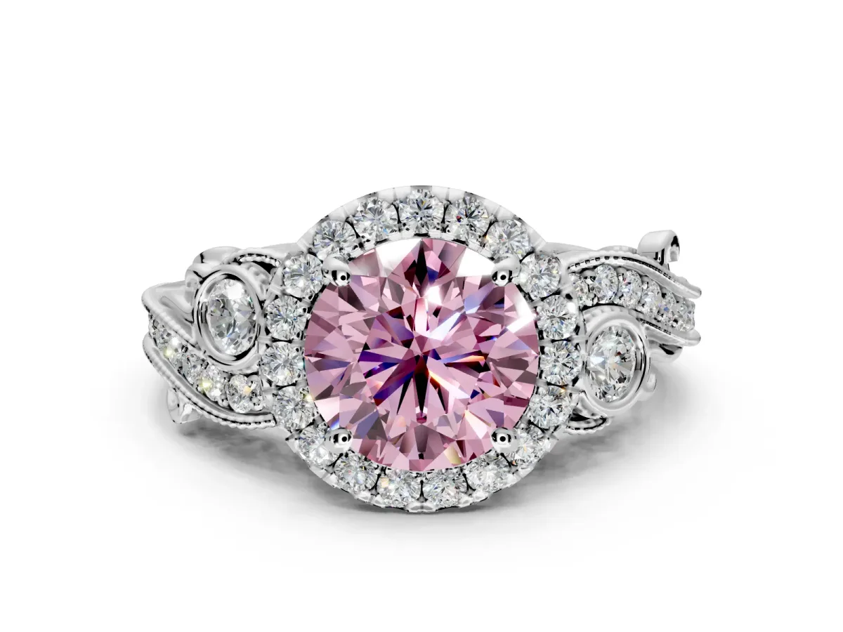 Milgrain Halo Engagement Ring Setting for Fancy Pink Round Cut Center with Shoulder Bezels and Prong Head in Platinum