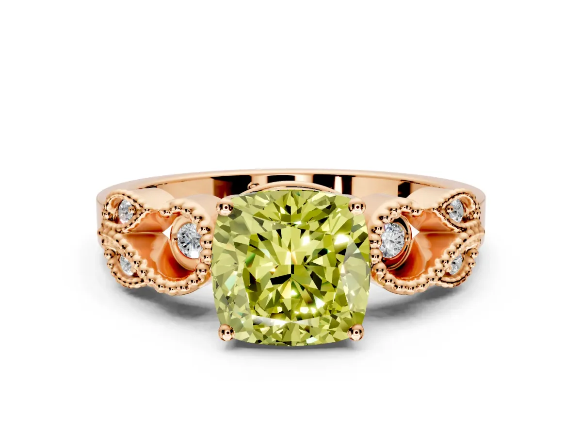 Leaf Engagement Ring Setting for Fancy Yellow Cushion Cut Center with Milgrain Accent Band and Prong Head in Rose Gold