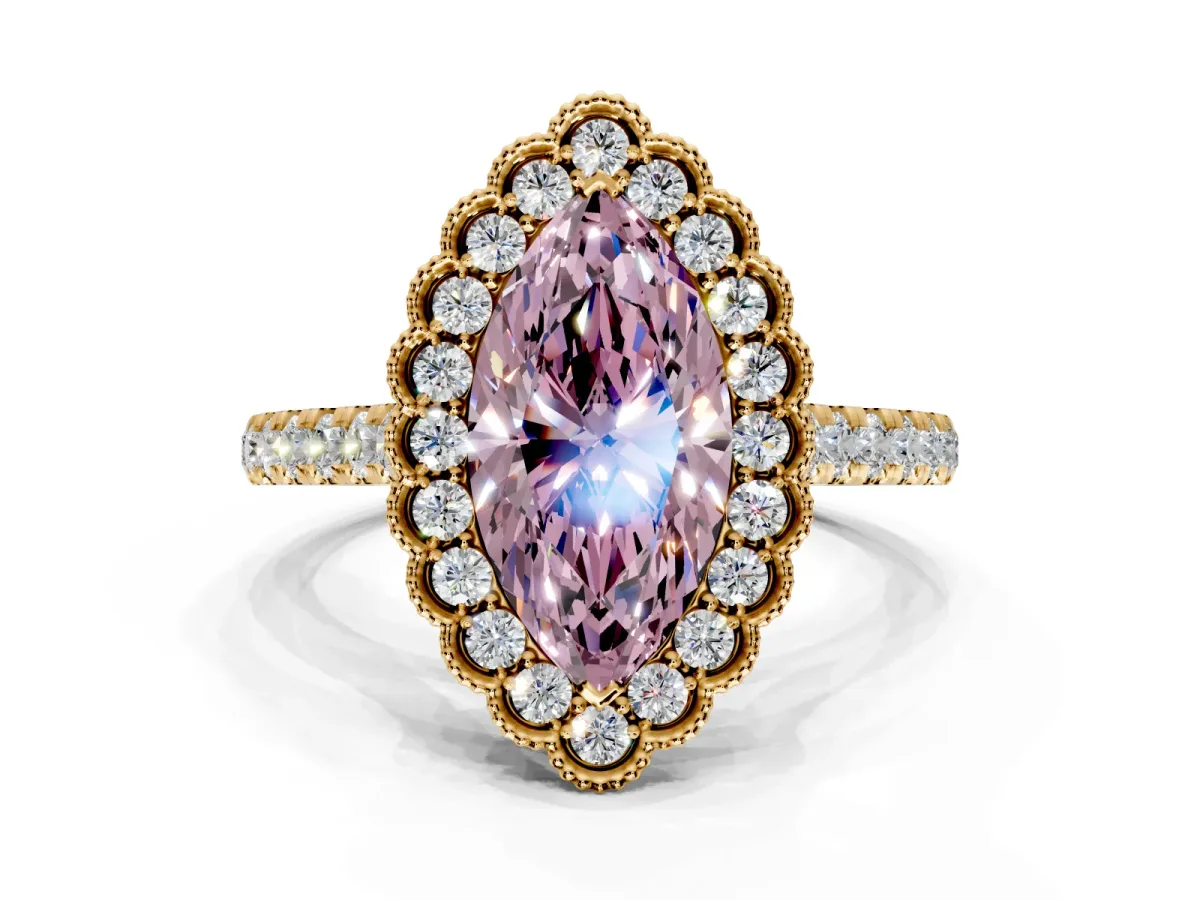 Milgrain Floral Halo Engagement Ring Setting for Fancy Pink Marquise Center with Pave Band and Prong Head in Yellow Gold