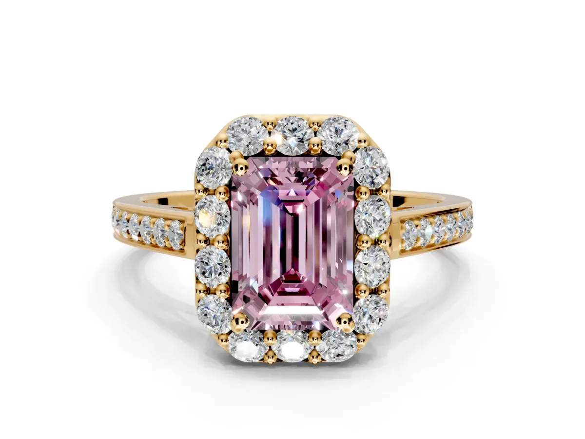 Floral Halo Engagement Ring Setting for Fancy Pink Emerald Cut Center with Large Halo Accents and Prong Head in Yellow Gold
