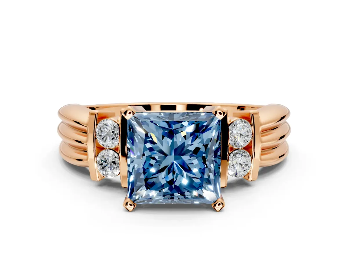 Solitaire Engagement Ring Setting for Fancy Blue Princess Cut Center with Grooved Bar Accent Band and Prong Head in Rose Gold