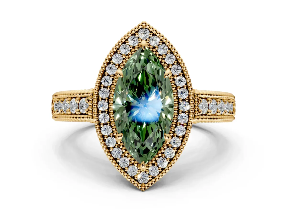 Milgrain Halo Engagement Ring Setting for Fancy Green Marquise Center with Pave Band and Prong Head in Yellow Gold