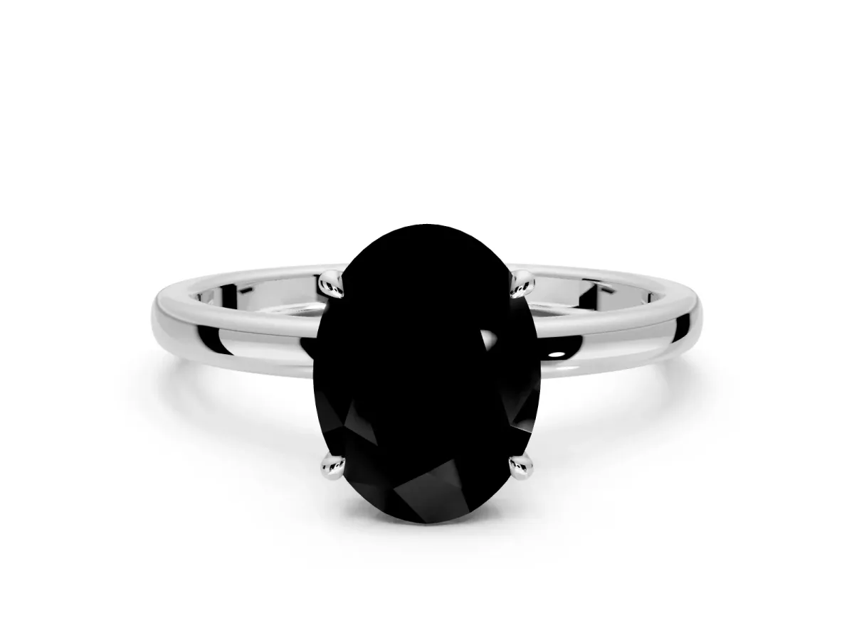 Hidden Halo Engagement Ring Setting for Fancy Black Oval Center with Plain Band and Tall Prong Head in Sterling Silver