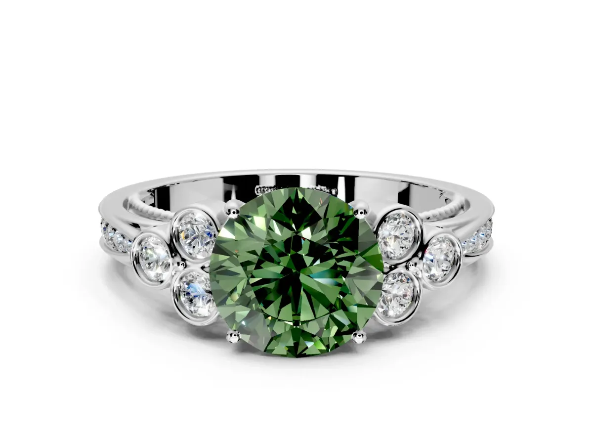 Cluster Engagement Ring Setting for Fancy Green Round Cut Center with Bezel Accent Clusters and Prong Head in Platinum