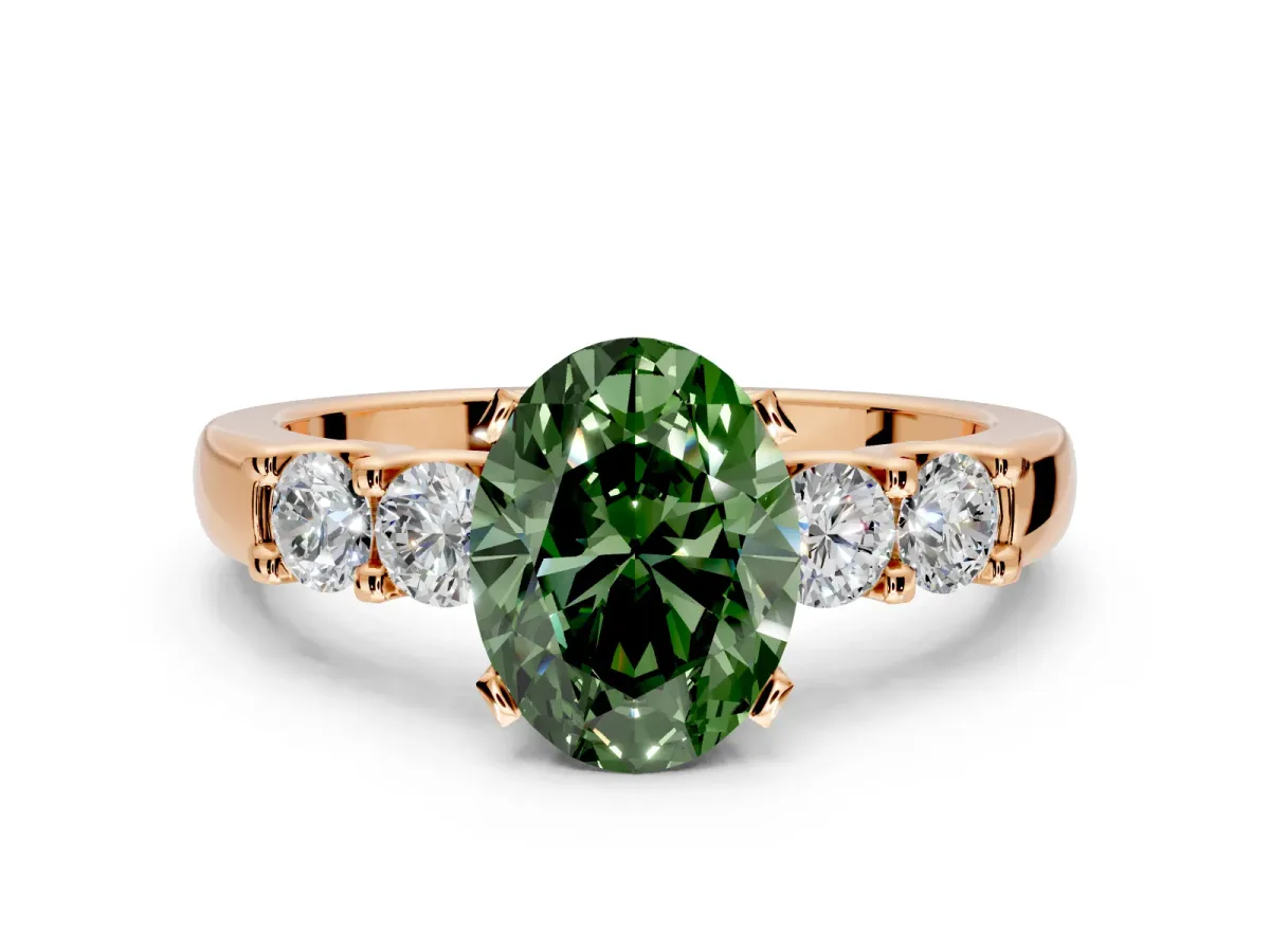 5 Stone Engagement Ring Setting for Fancy Green Oval Center with Plain Band and Prong Head in Rose Gold