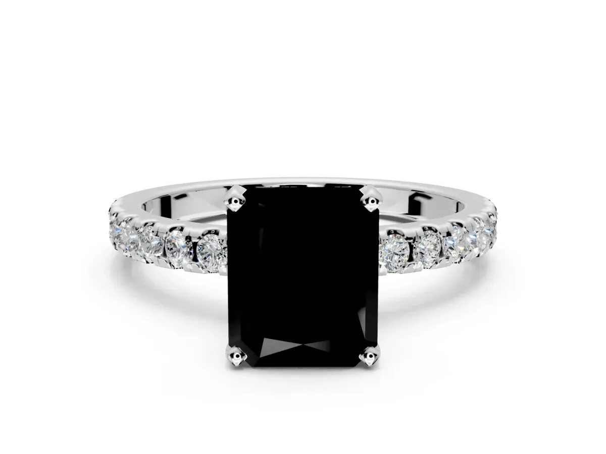 Solitaire Engagement Ring Setting for Fancy Black Radiant Cut Center with Band of Accents and Prong Head in Platinum