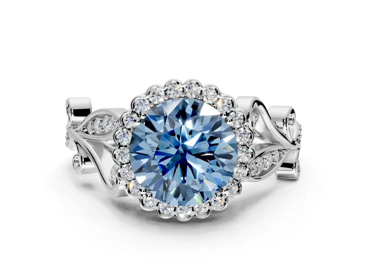 Halo Engagement Ring Setting for Fancy Blue Round Cut Center with Leaf Motif Split Shank and Prong Head in Sterling Silver