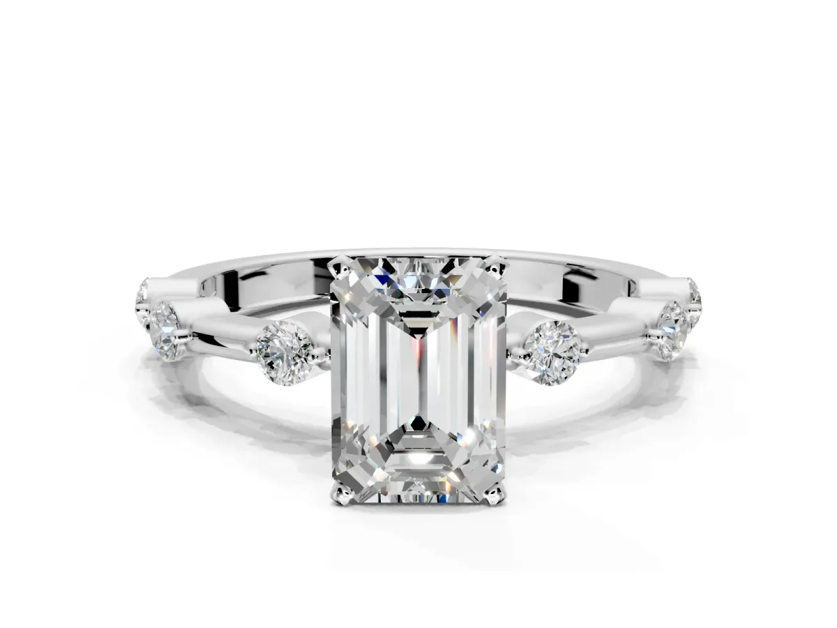 Solitaire Engagement Ring Setting for Emerald Cut Center with Bezel Station Band and Prong Head in Platinum