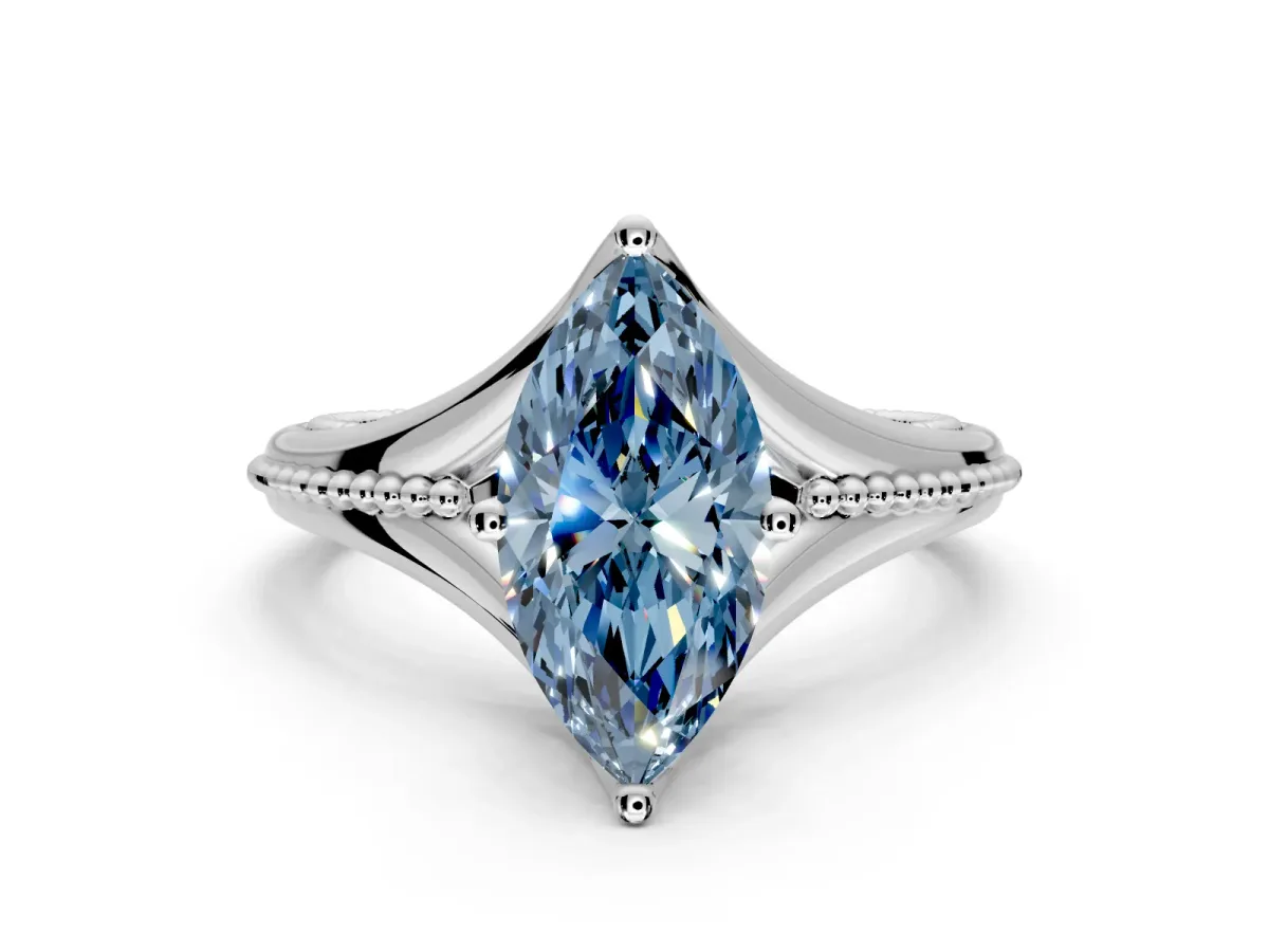 Solitaire Engagement Ring Setting for Fancy Blue Marquise Center with Milgrain Cathedral Band and Prong Head in Platinum