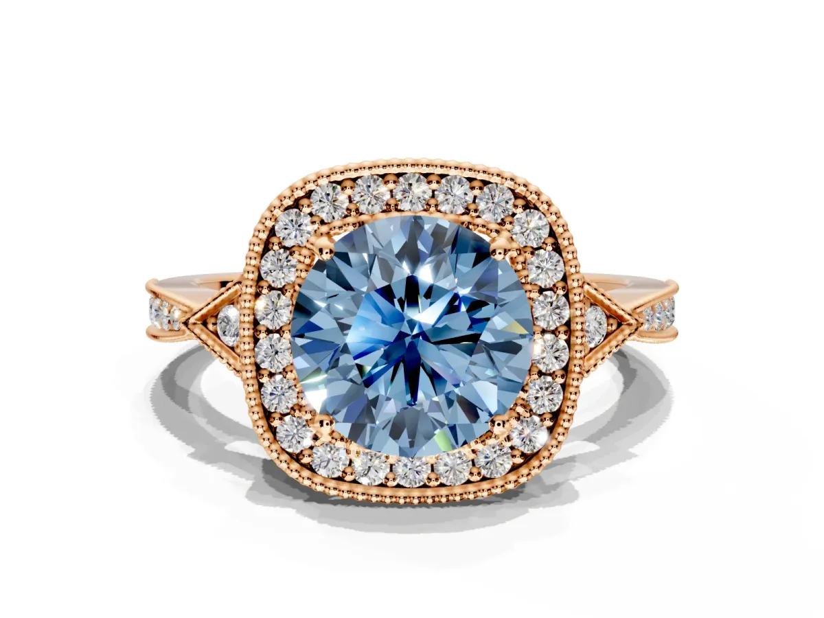Halo Engagement Ring Setting for Fancy Blue Round Cut Center with Milgrain Rim, Pave Band and Prong Head in Rose Gold