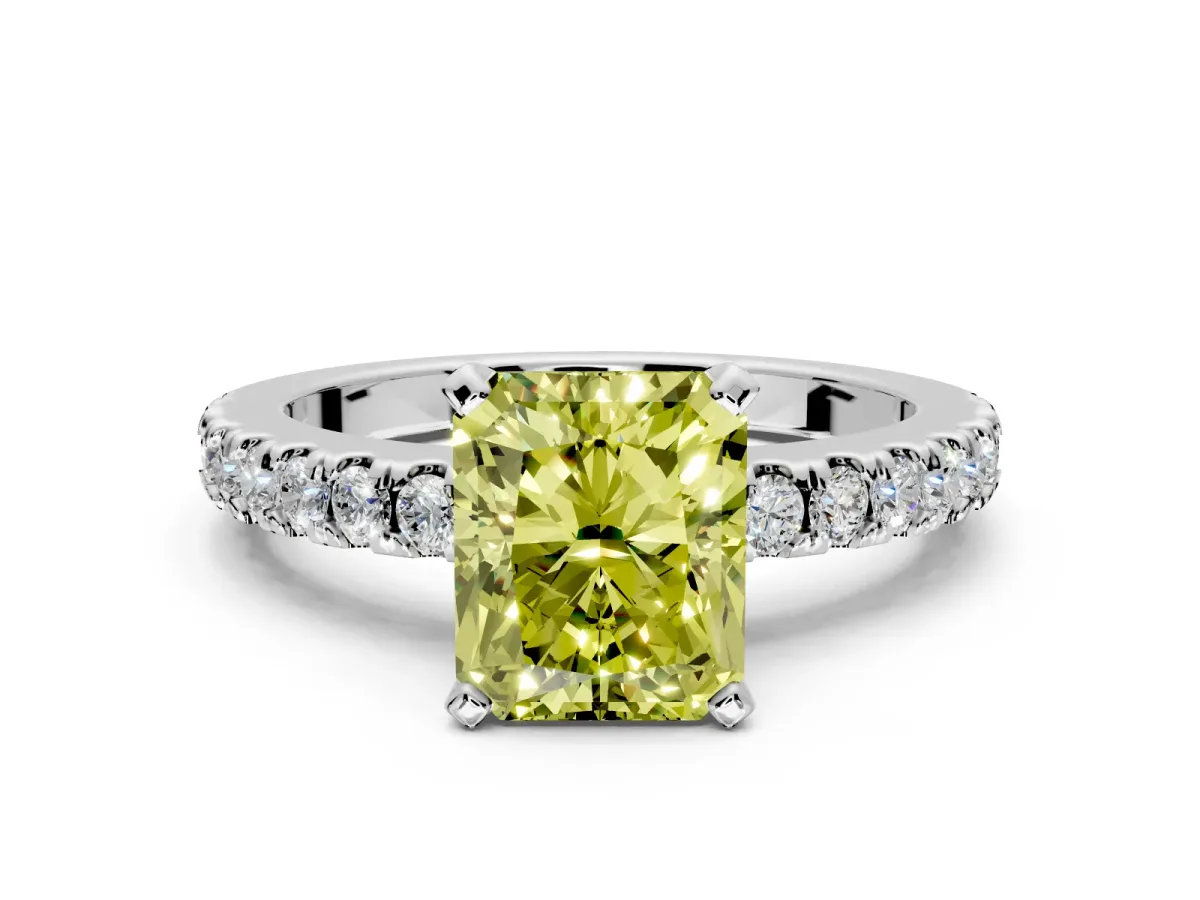 Solitaire Engagement Ring Setting for Fancy Yellow Radiant Cut Center with Single Row Accent Band and Prong Head in Platinum