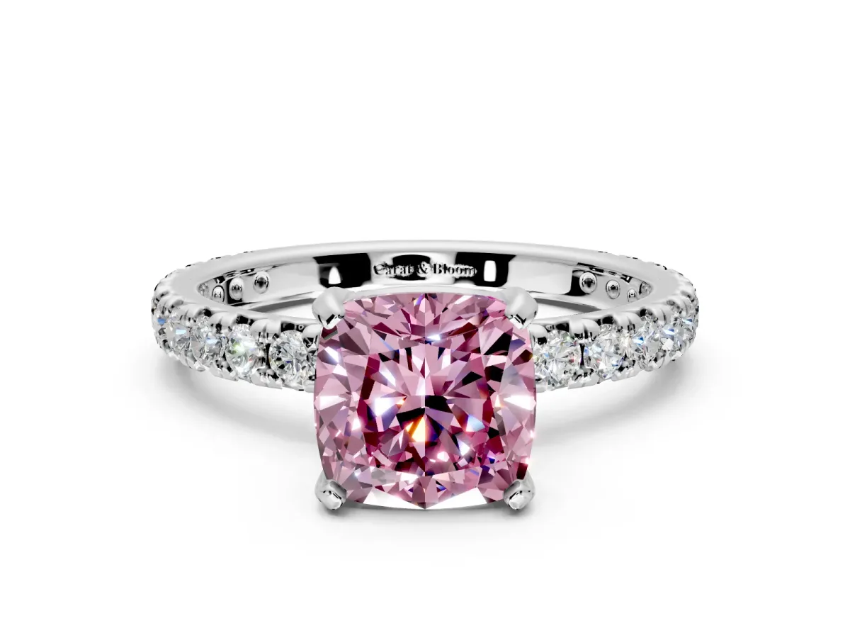 Solitaire Engagement Ring Setting for Fancy Pink Cushion Cut Center with Shared-Prong Accents and Prong Head in Sterling Silver