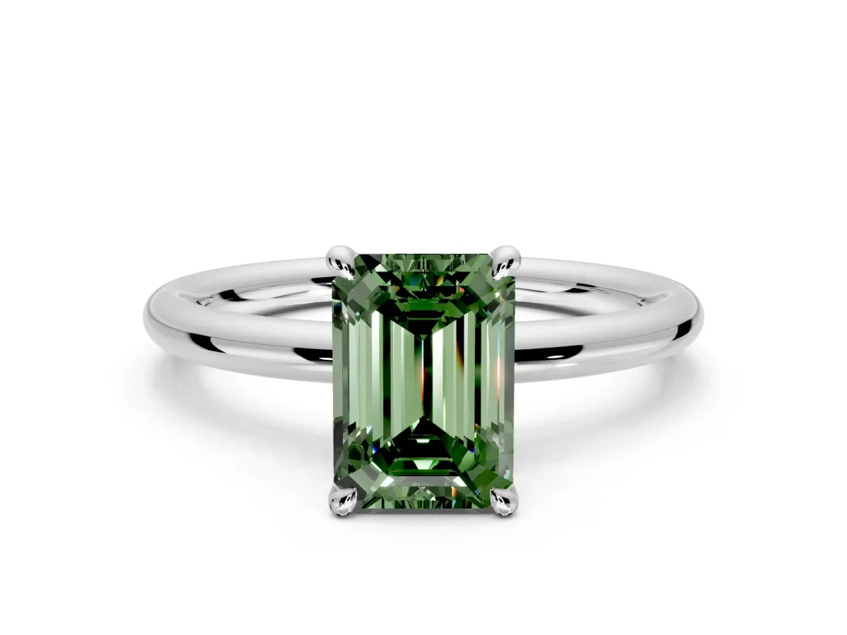 Hidden Halo Engagement Ring Setting for Fancy Green Emerald Cut Center with Thin Rounded Band and Prong Head in Sterling Silver