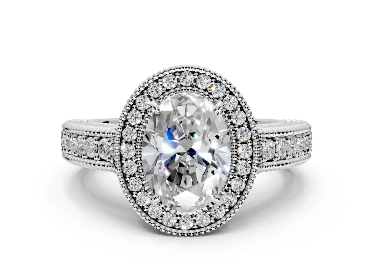 Milgrain Halo Engagement Ring Setting for Oval Center with Pave Band and Prong Head in Platinum