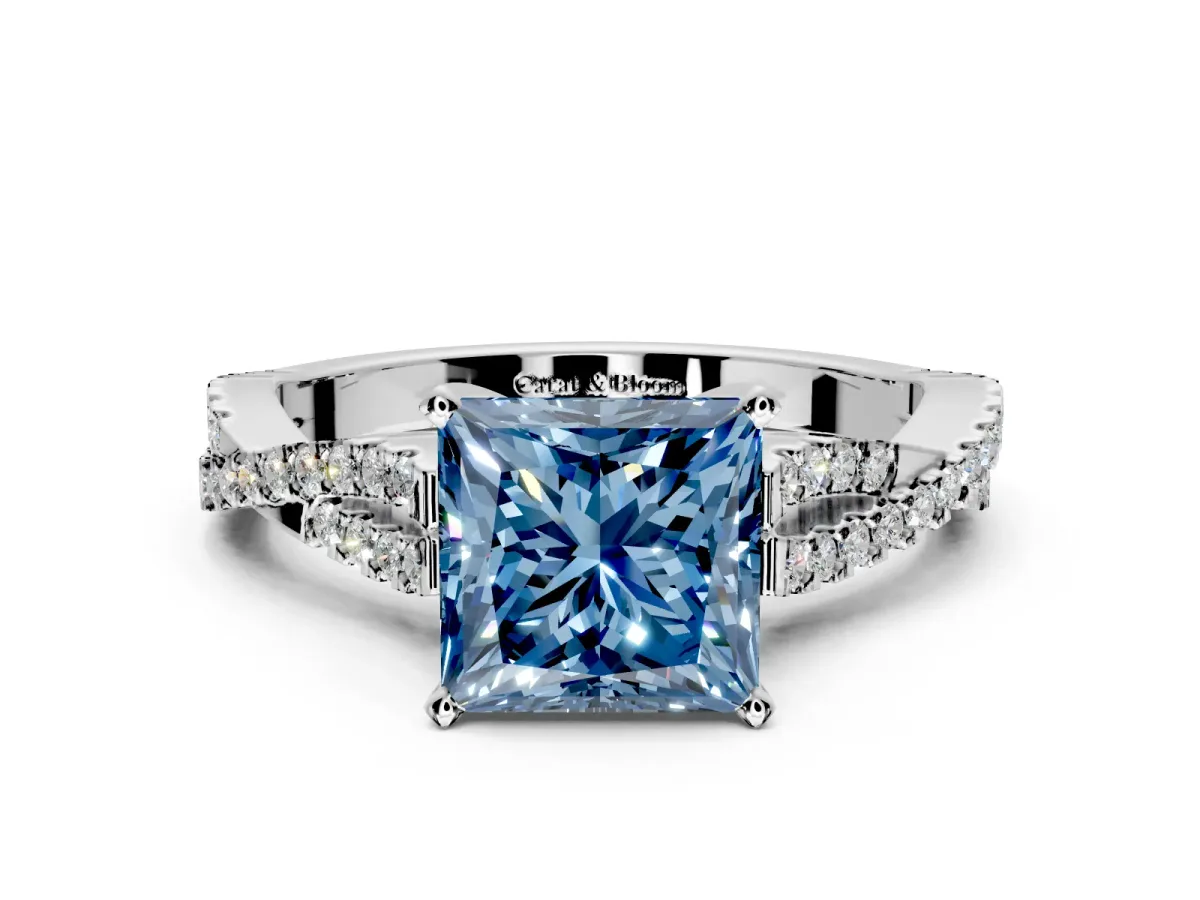 Solitaire Engagement Ring Setting for Fancy Blue Princess Cut Center with Twisted Pave Split Shank and Prong Head in Platinum