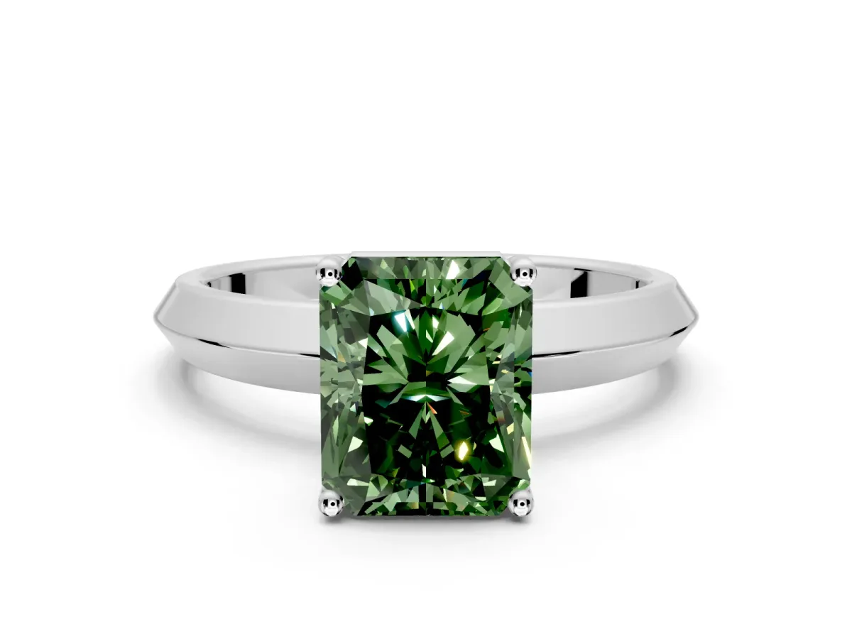 Solitaire Engagement Ring Setting for Fancy Green Radiant Cut Center with Wide Knife Ridge Band and Prong Head in White Gold