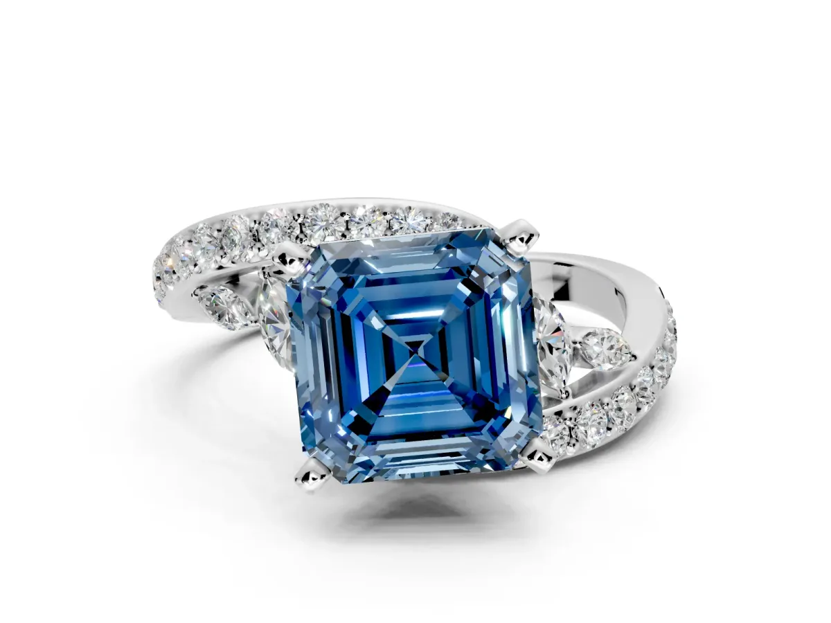Solitaire Engagement Ring Setting for Fancy Blue Asscher Cut Center with Pave Bypass Twist Band and Prong Head in Platinum