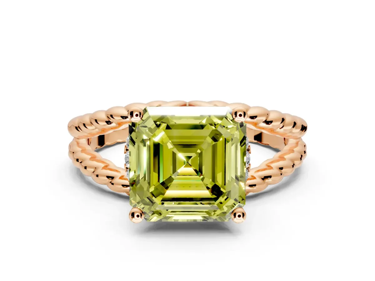 Halo Engagement Ring Setting for Fancy Yellow Asscher Cut Center with Rope Twist Split Shank and Prong Head in Rose Gold