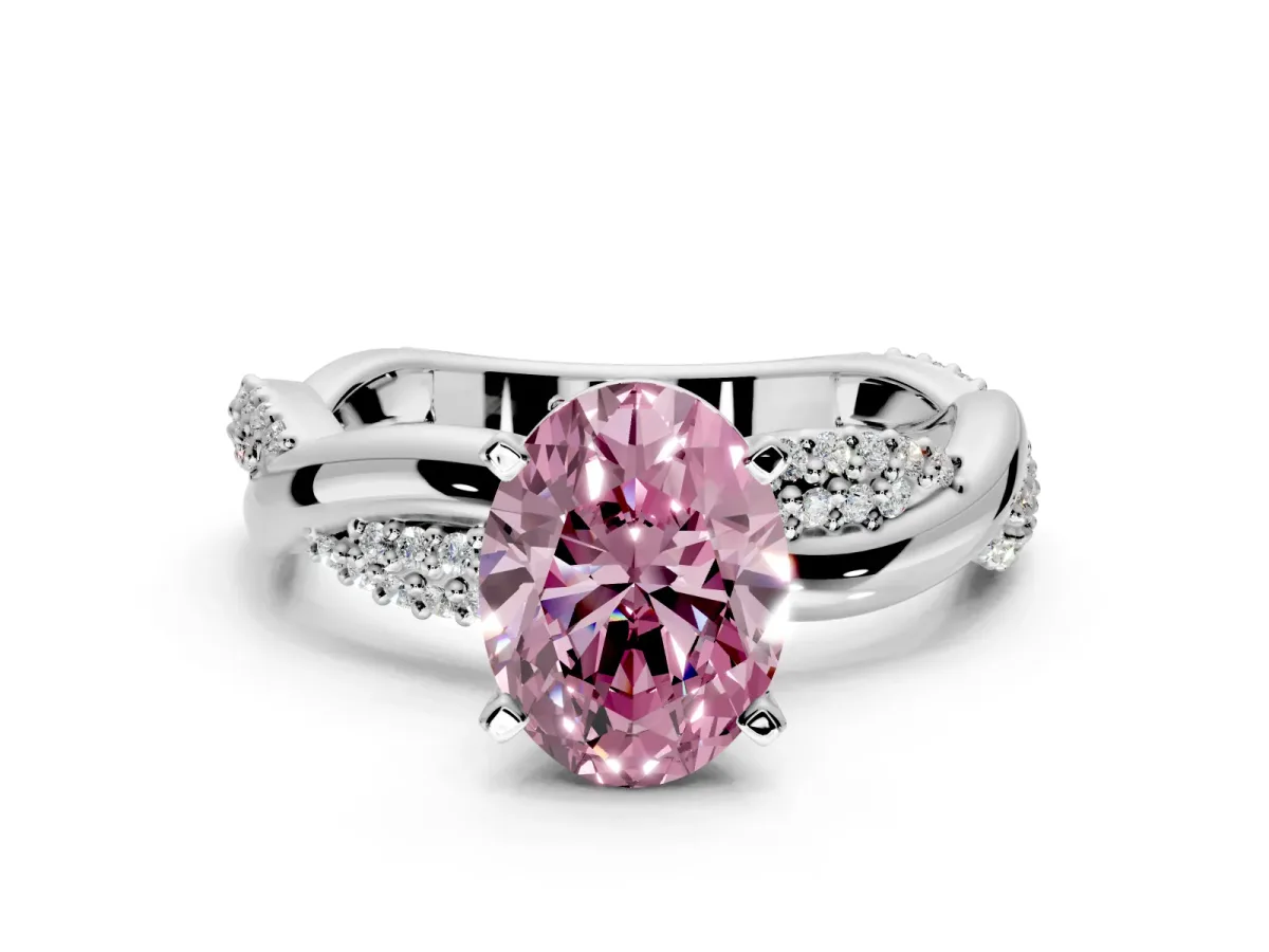 Solitaire Engagement Ring Setting for Fancy Pink Oval Center with Pave and Plain Crossover and Basket Head in Platinum