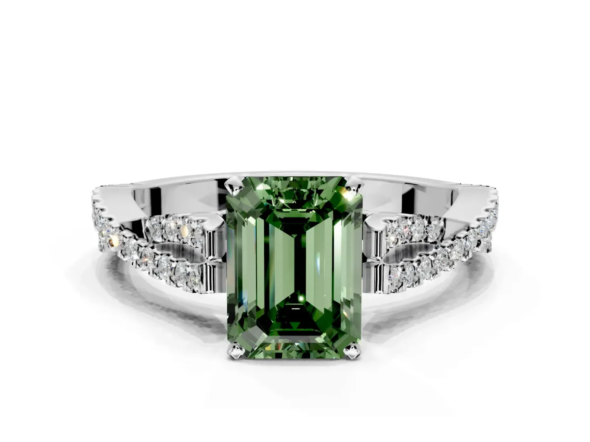 Solitaire Engagement Ring Setting for Fancy Green Emerald Cut Center with Twisted Pave Split Shank and Prong Head in Platinum