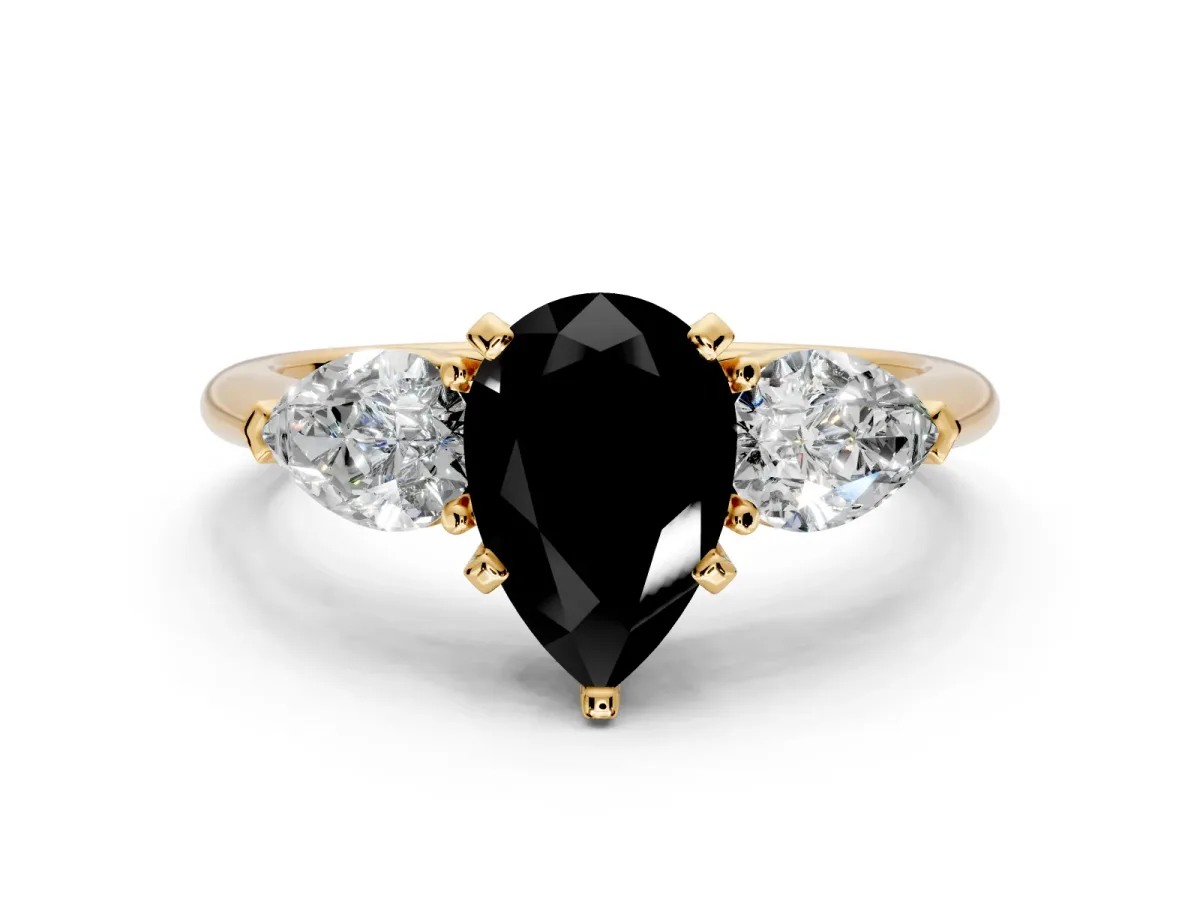 3 Stone Engagement Ring Setting for Fancy Black Pear-Shaped Center with Large Pear-Shaped Accents and Prong Head in Yellow Gold