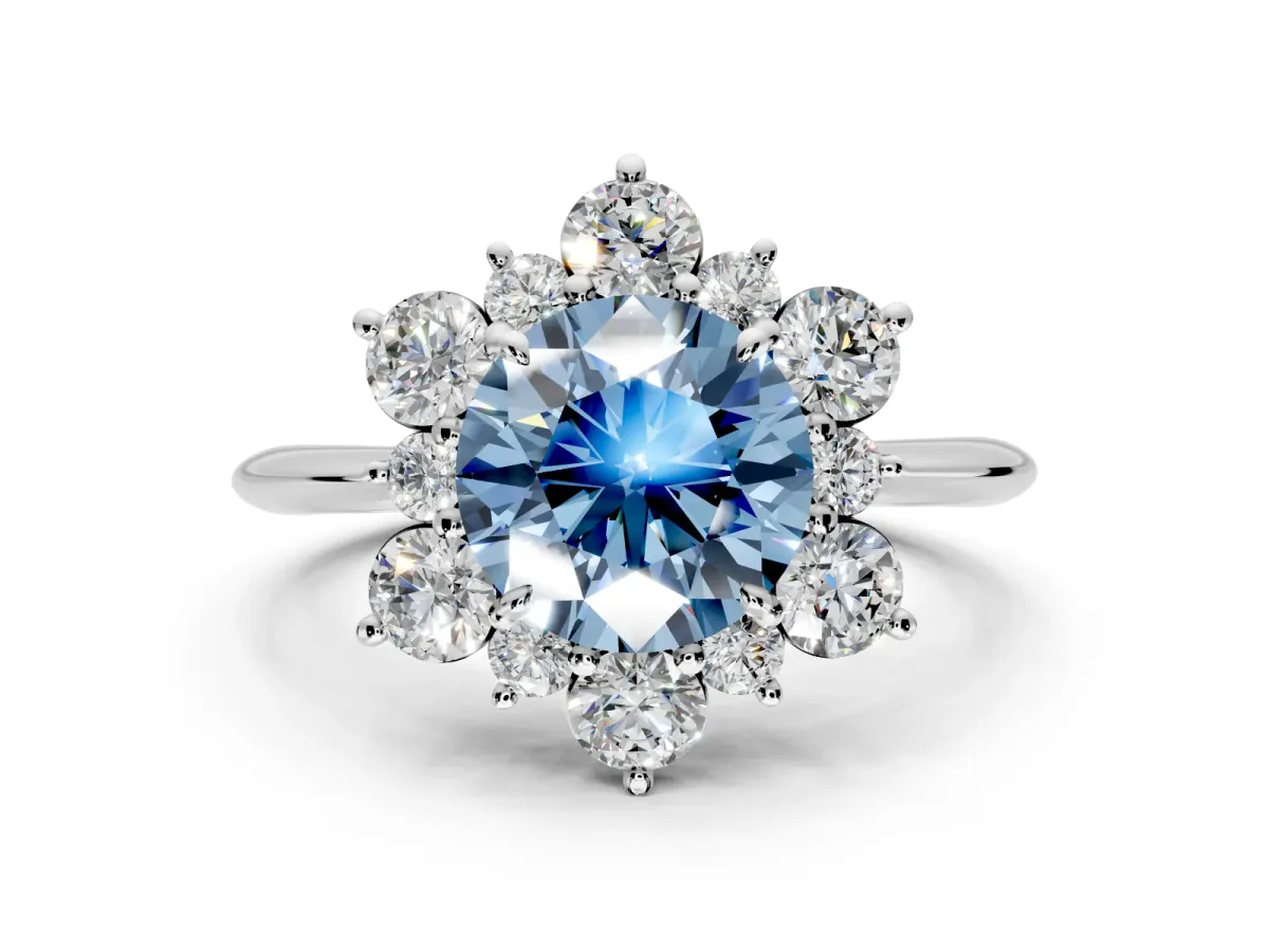 Small-Accent Cluster Halo Engagement Ring Setting for Fancy Blue Round Cut Center with Plain Band and Prong Head in Sterling Silver