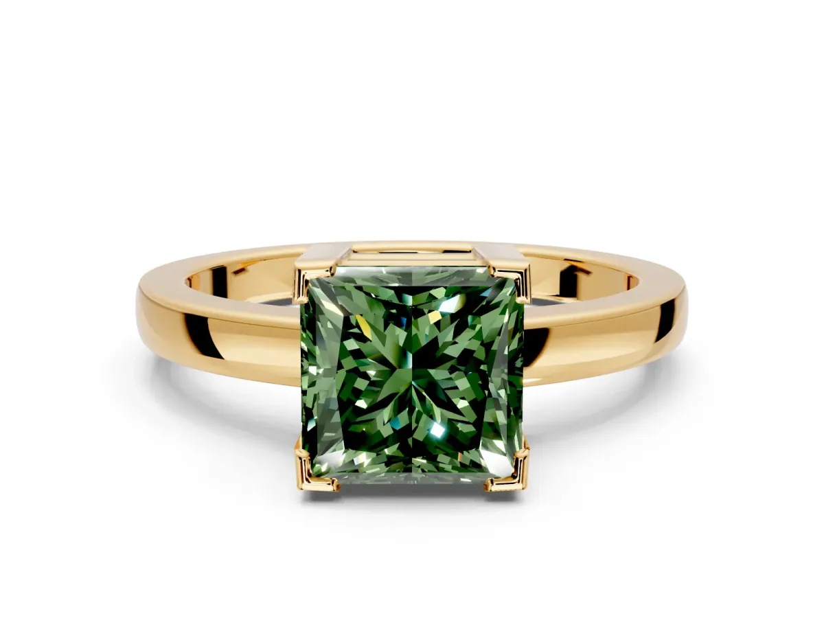 Solitaire Engagement Ring Setting for Fancy Green Princess Cut Center with Plain Band and Flat Tab Prong Head in Yellow Gold
