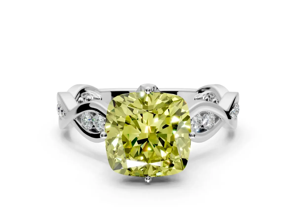 Solitaire Engagement Ring Setting for Fancy Yellow Cushion Cut Center with Accented Twist Band and Leaf Prong Head in Platinum