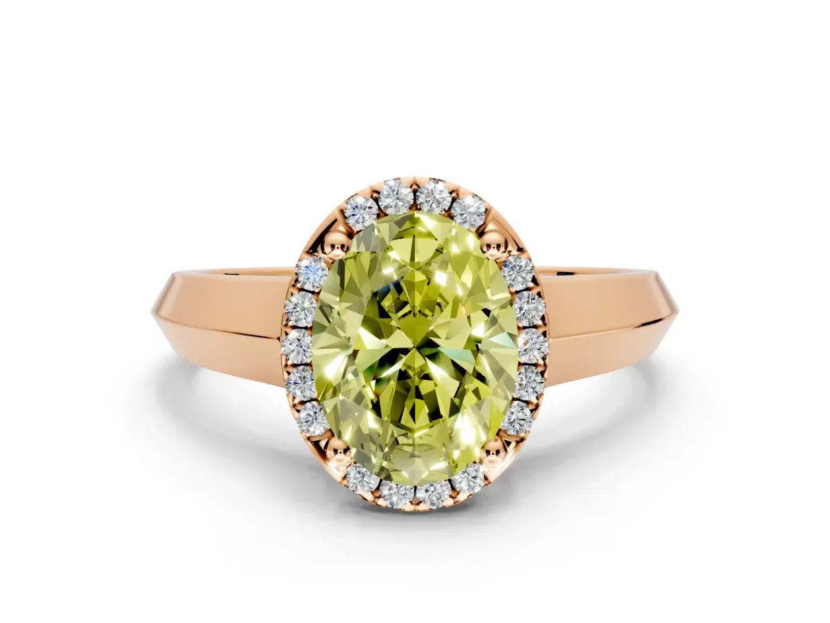 Halo Engagement Ring Setting for Fancy Yellow Oval Center with Knife Ridge Cathedral Band and Prong Head in Rose Gold