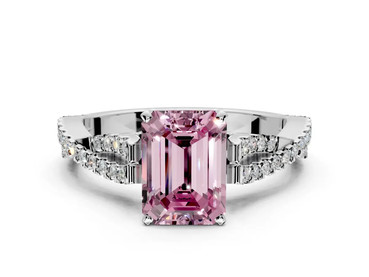 Solitaire Engagement Ring Setting for Fancy Pink Emerald Cut Center with Twisted Pave Split Shank and Prong Head in Platinum