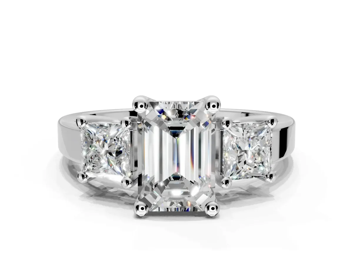 3 Stone Engagement Ring Setting for Emerald Cut Center with Matching Side Accents and Prong Head in Sterling Silver