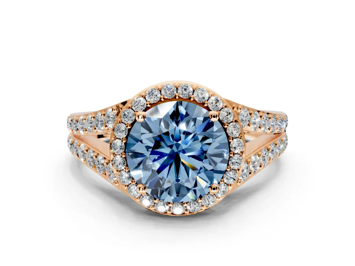 Halo Engagement Ring Setting for Fancy Blue Round Cut Center with Narrow Pave Split Shank and Prong Head in Rose Gold