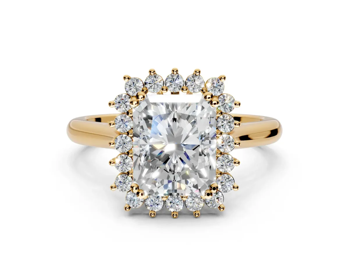 Starburst Halo Engagement Ring Setting for Radiant Cut Center with Thin Round-Wire Band and Prong Head in Yellow Gold