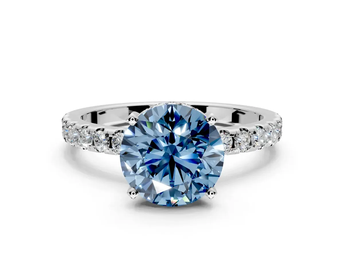 Solitaire Engagement Ring Setting for Fancy Blue Round Cut Center with Band of Accents and Prong Head in Platinum