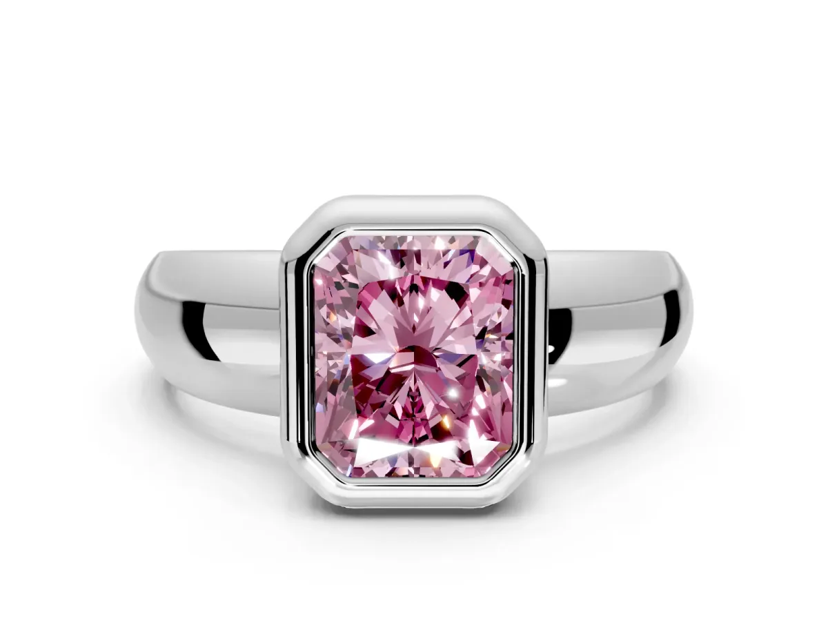 Solitaire Engagement Ring Setting for Fancy Pink Radiant Cut Center with Wide Band and Bezel Head in Sterling Silver