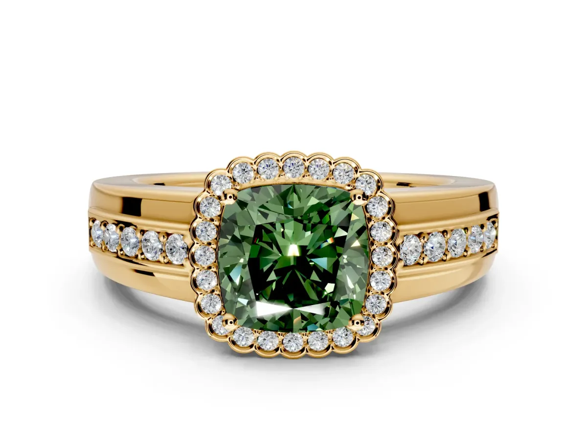 Halo Engagement Ring Setting for Fancy Green Cushion Cut Center with Wide Band, Inlaid Accent Row and Prong Head in Yellow Gold