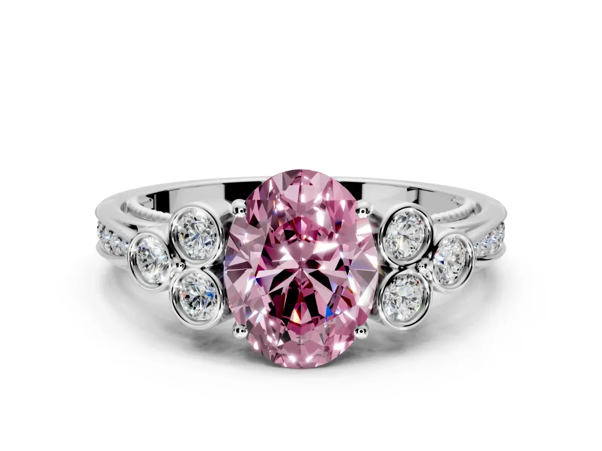 Cluster Engagement Ring Setting for Fancy Pink Oval Center with Bezel Accent Clusters and Prong Head in White Gold