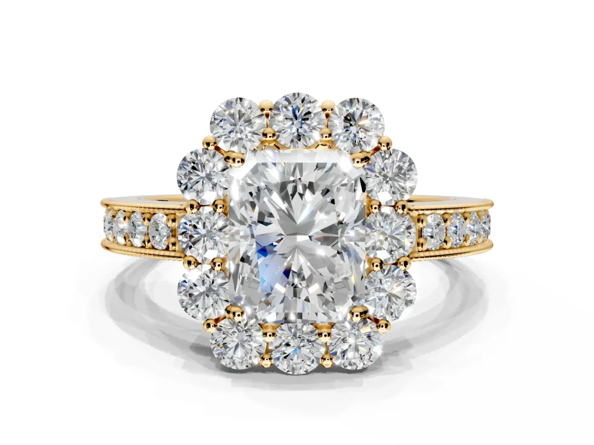 Halo Engagement Ring Setting for Radiant Cut Center with Milgrain Channel Band and Prong Head in Yellow Gold