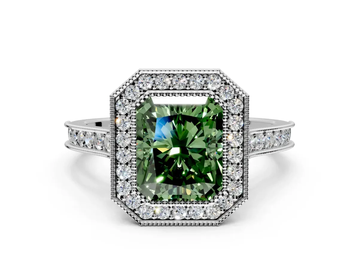 Halo Engagement Ring Setting for Fancy Green Radiant Cut Center with Milgrain Pave Band and Bezel Head in White Gold