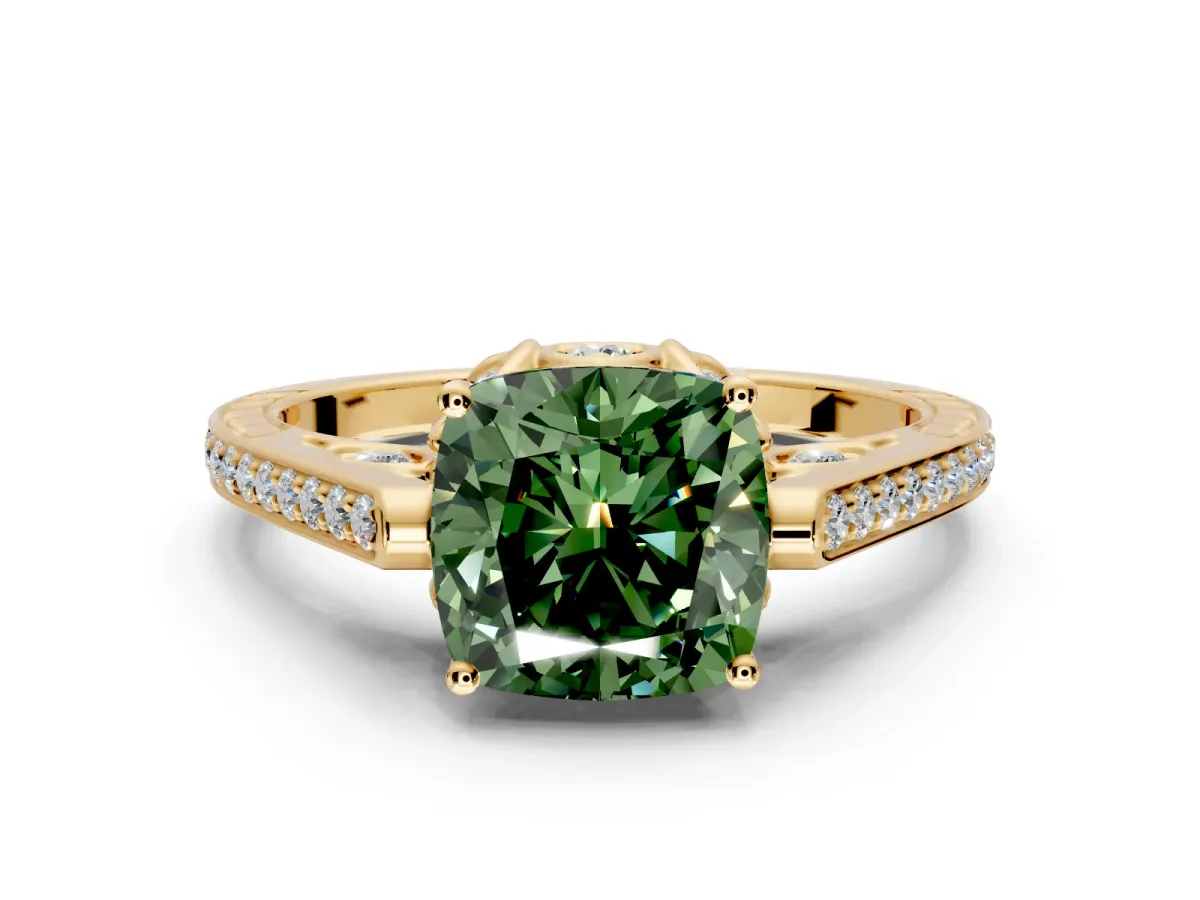 Cathedral Engagement Ring Setting for Fancy Green Cushion Cut Center with Antique-Style Pave Band and Prong Head in Yellow Gold
