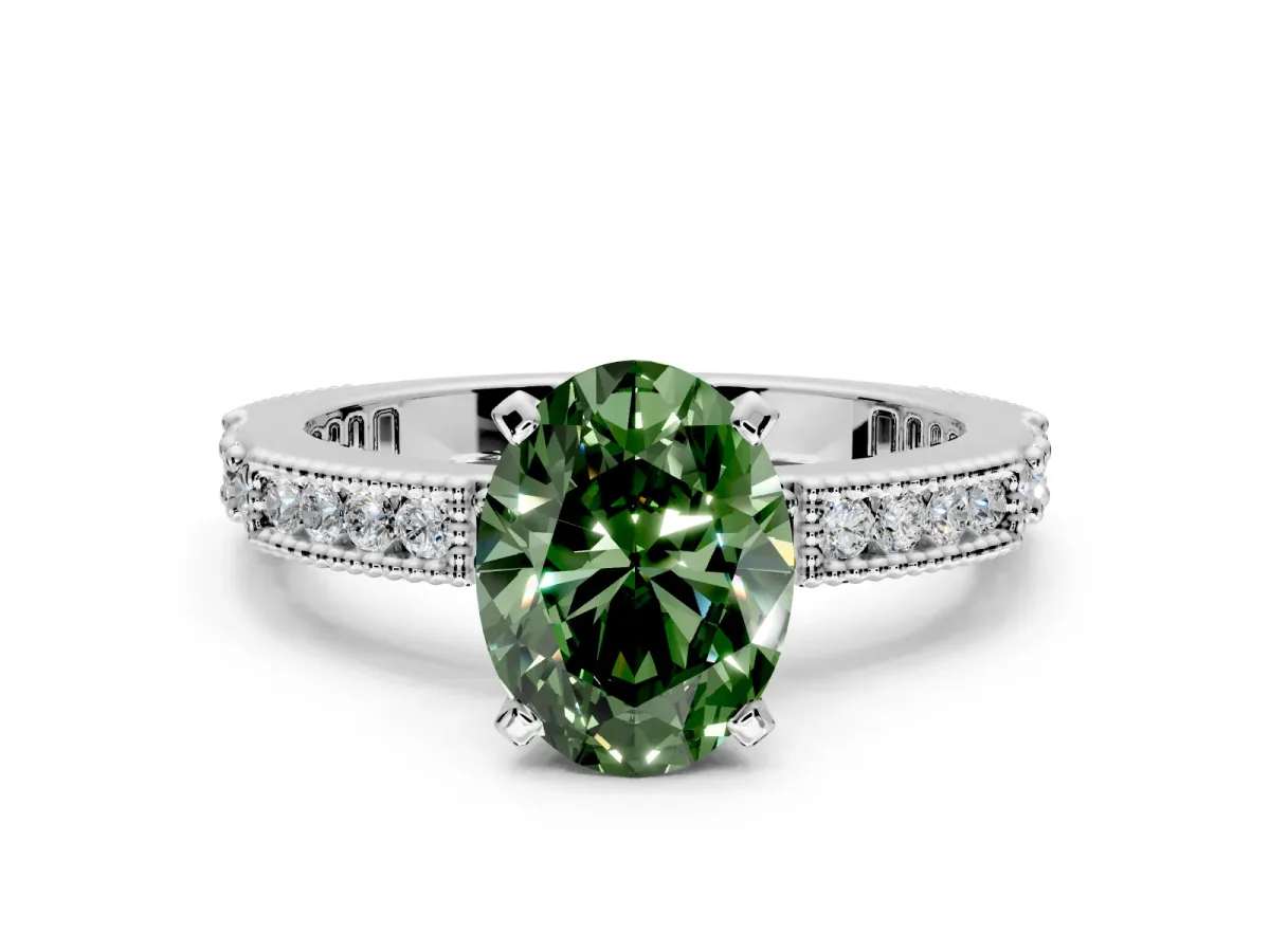Solitaire Engagement Ring Setting for Fancy Green Oval Center with Milgrain-Edged Pave Band and Prong Head in Sterling Silver