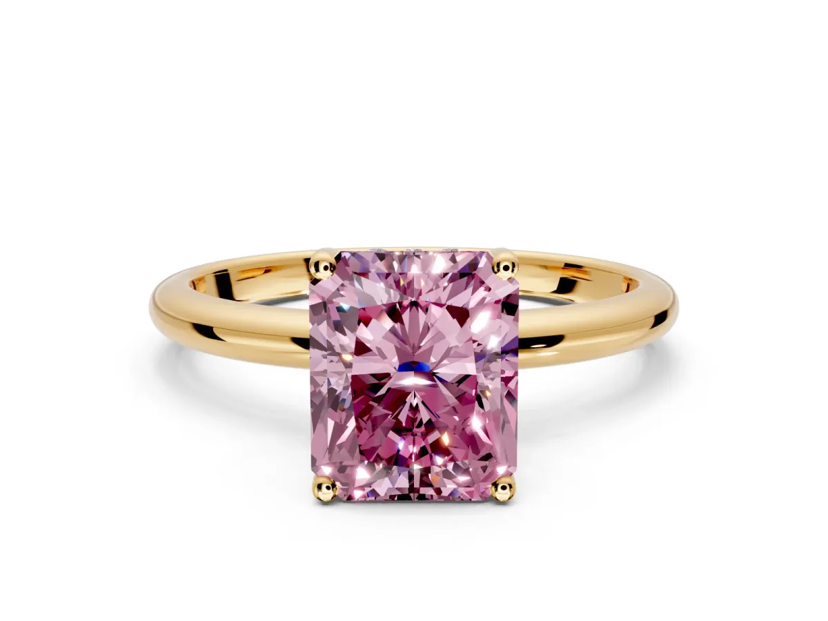 Hidden Halo Engagement Ring Setting for Fancy Pink Radiant Cut Center with Thin Round-Wire Band and Prong Head in Yellow Gold