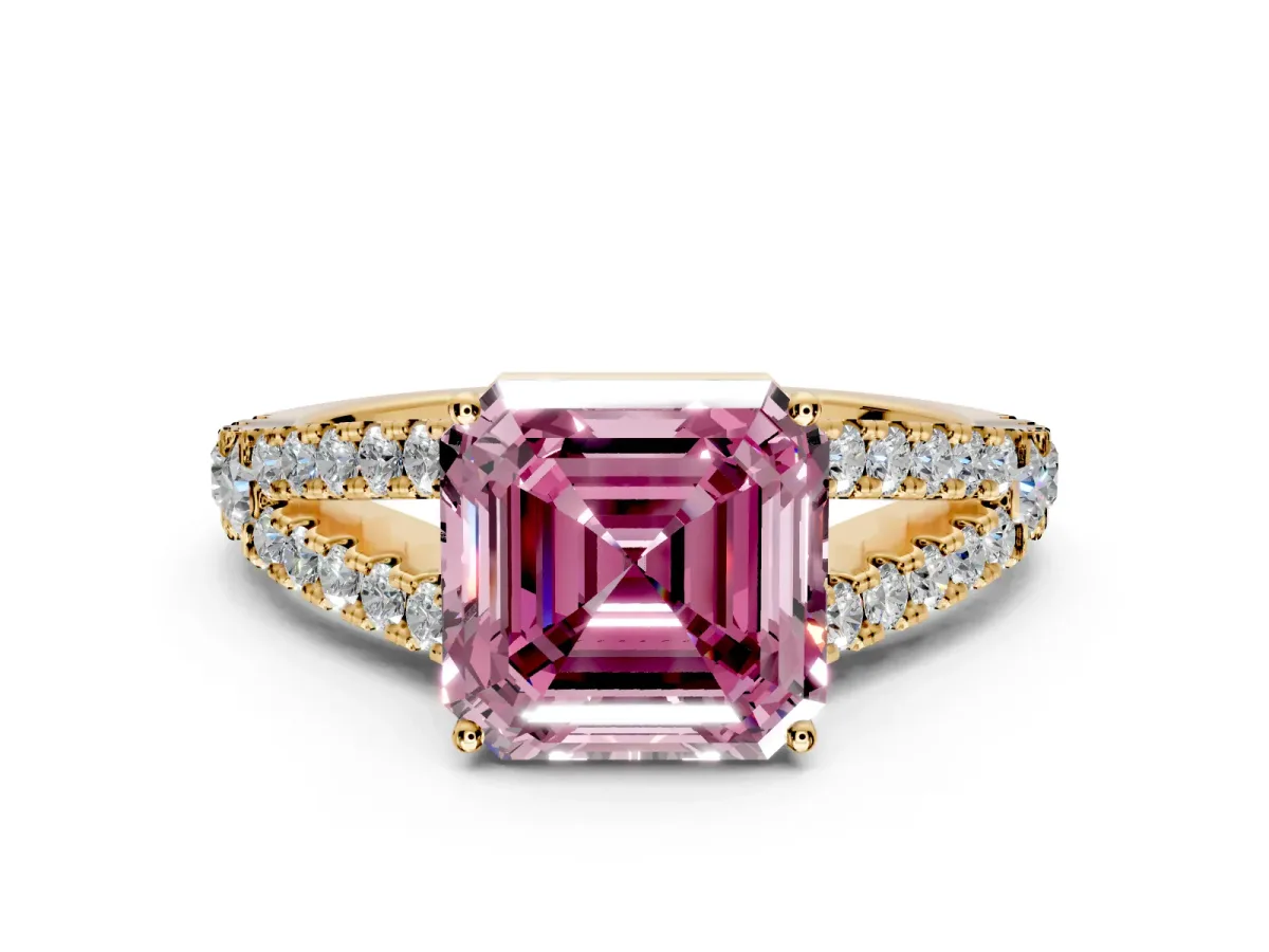 Solitaire Engagement Ring Setting for Fancy Pink Asscher Cut Center with Pave Split Shank and Prong Head in Yellow Gold