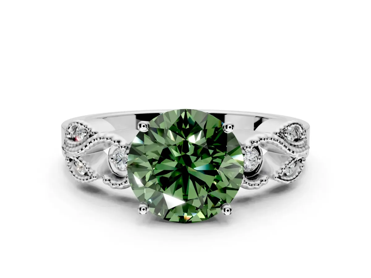 Leaf Engagement Ring Setting for Fancy Green Round Cut Center with Milgrain Accent Band and Prong Head in Sterling Silver